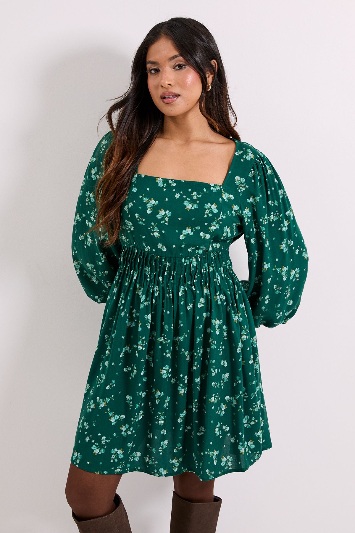 Dorothy Perkins Petite Green Ditsy Square Neck Blouson Sleeve Tie Back Mini Dress