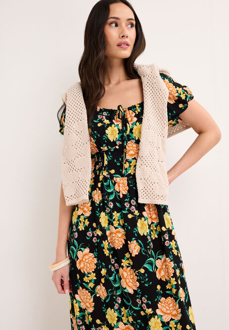 Womens Orange Floral Milkmaid Midi Dress