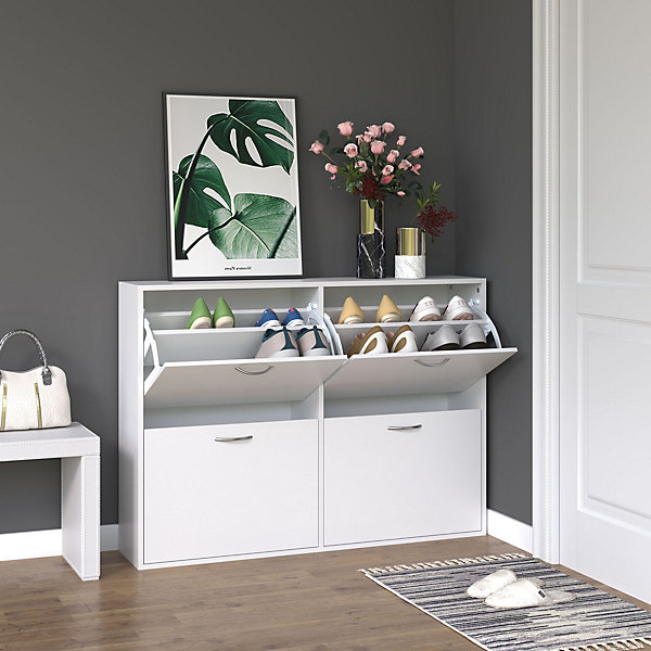 Meuble à chaussures grande taille dim. 120L x 24l x 81H cm4 portes abattantes double niveau blanc