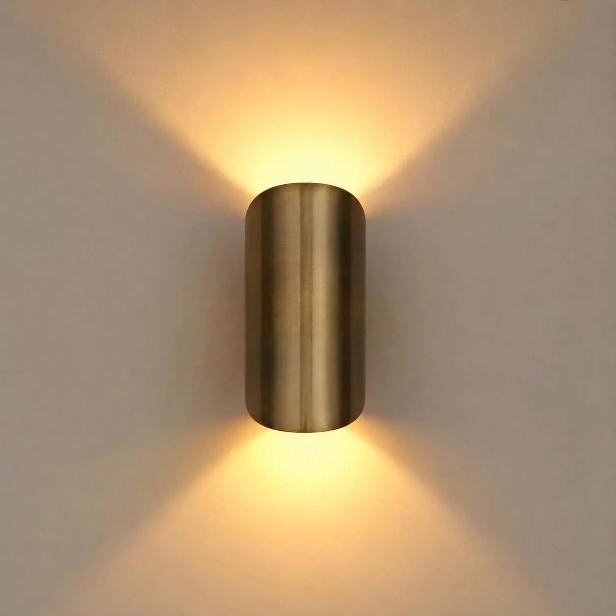 Modern Brass Wall Sconce | Up Down Wall Light | Double Light Brass Sconce | Cylindrical Wall Lamp, Contemporary Interior Lighting