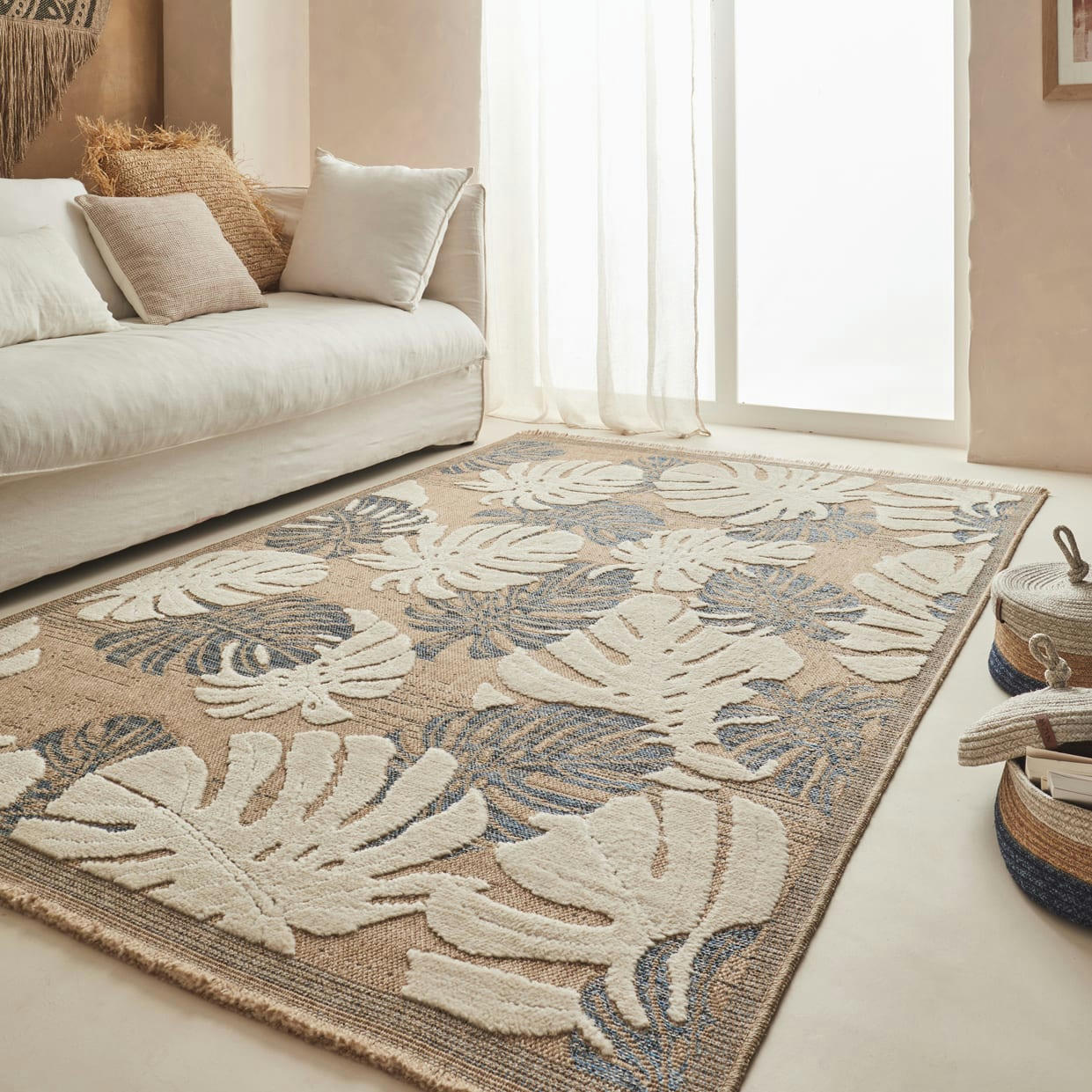 TULUM - Tapis intérieur et extérieur aspect jute feuille bleu - 120x170