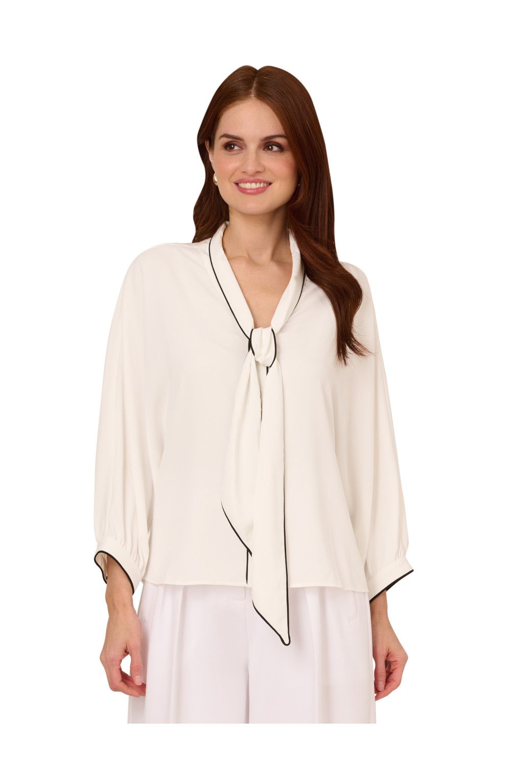 Adrianna Papell Oversized Tipped Bow Tie Neck Blouse With Puffed 3/4 Sleeves