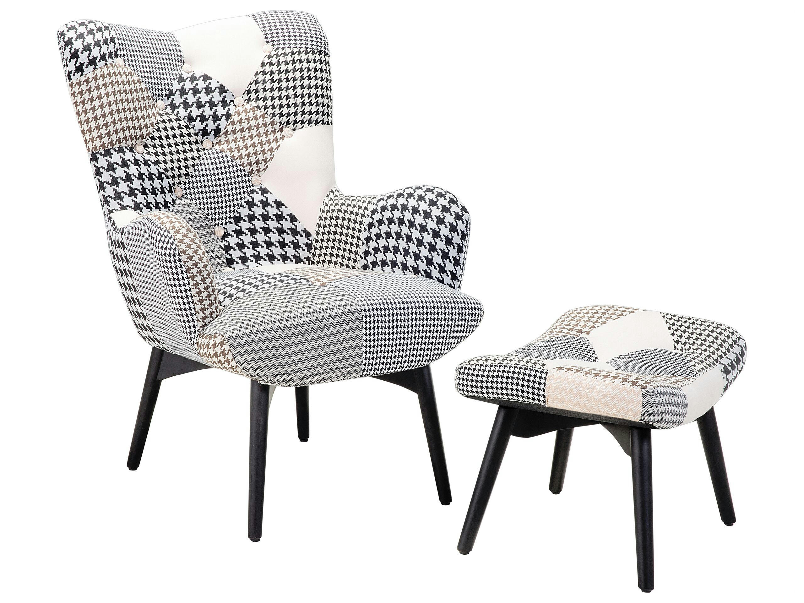 VEJLE - Fauteuil en tissu tapissé noir blanc repose-pieds
