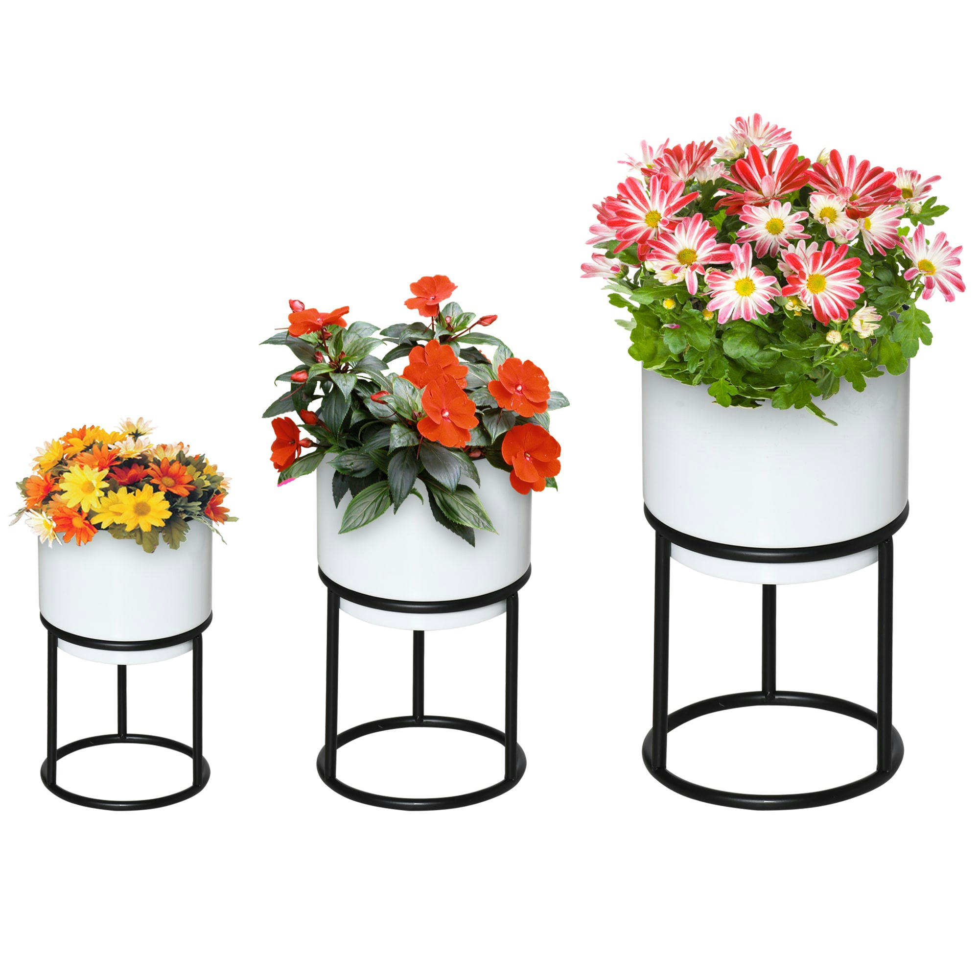 - Lot de 3 supports de pots de fleurs design métal époxy noir et blanc