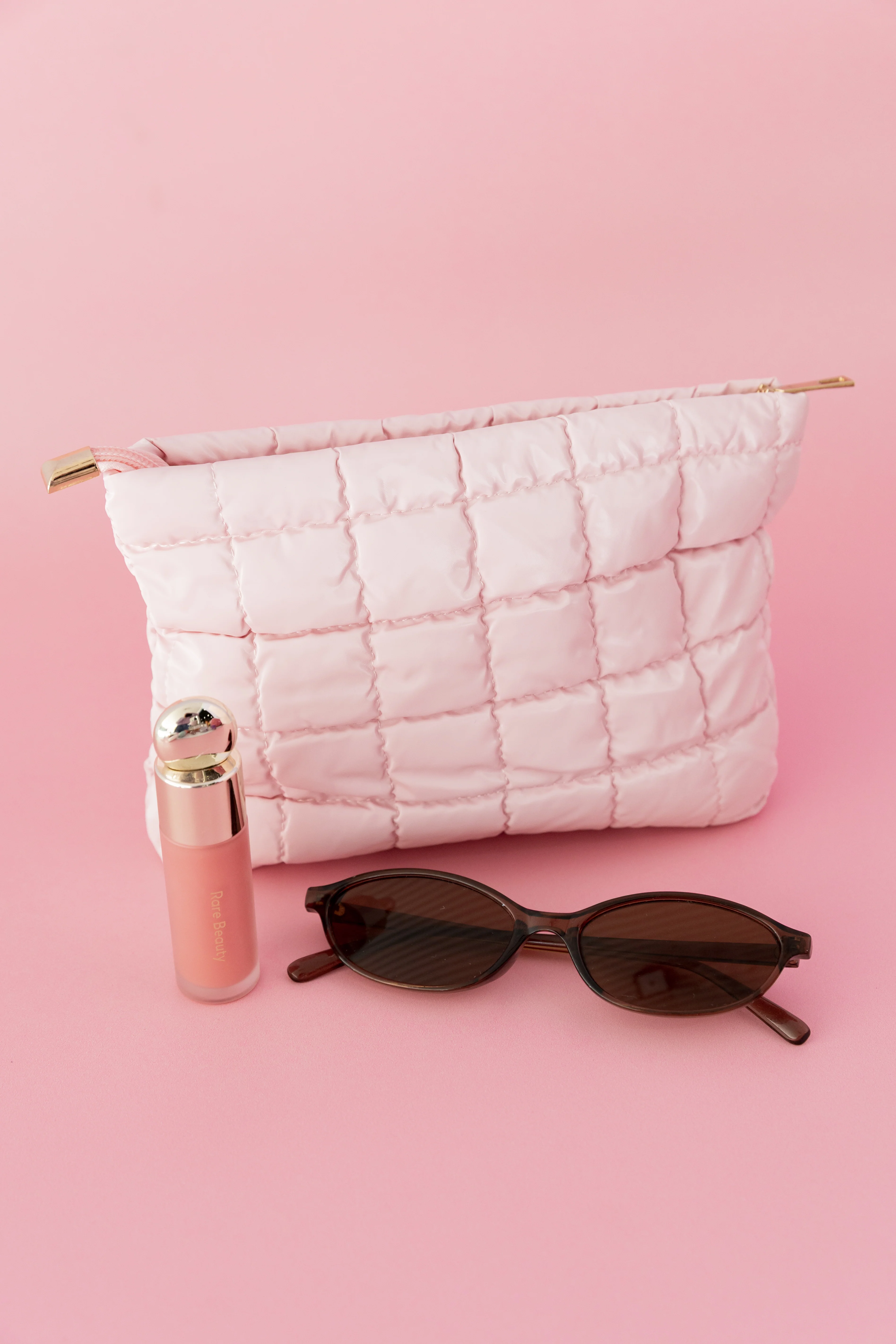 Quilted Cosmetics Bag in Pastel Pink