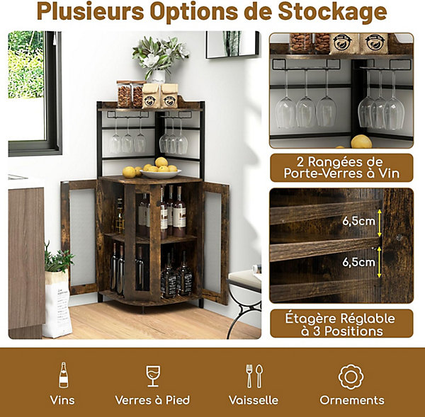 Armoire à Vin angle Style Industrielle avec étagère Réglable et Porte en Maille Meuble de Rangement Marron