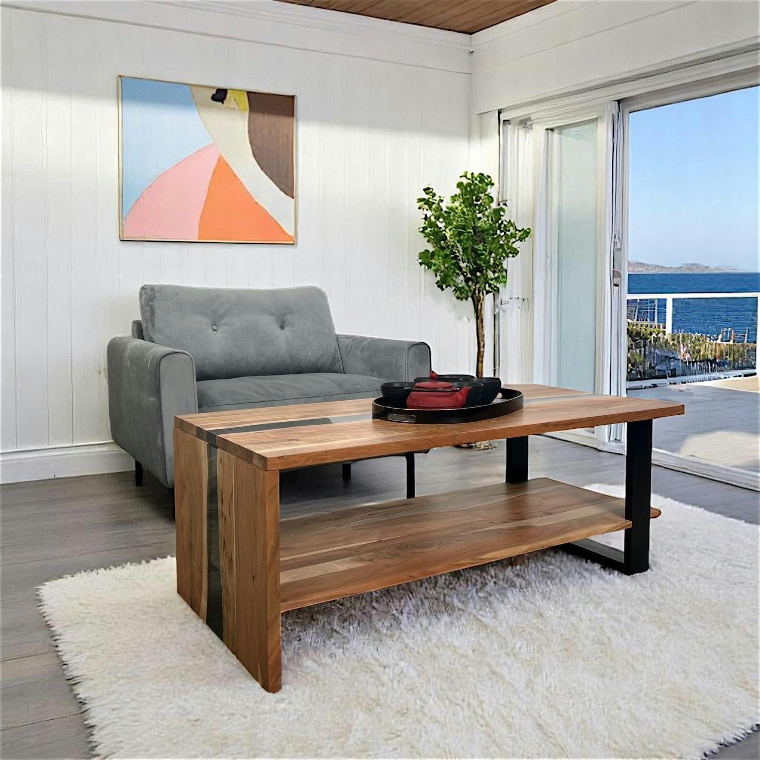 Table basse rivière epoxy noir et bois d'acacia BORA
