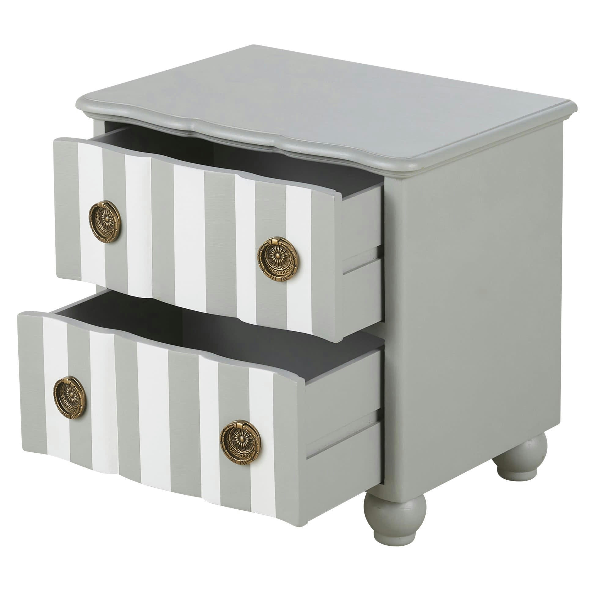Gustavia - Table de chevet 2 tiroirs à motif rayures vert de gris et blanc