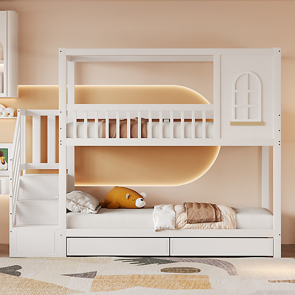 Lit Superposé enfant 90x200 cm avec Fenêtres, échelle Sécurisée et Tiroirs Intégrés - Bois Massif, Blanc, pour Garçon ou Fille