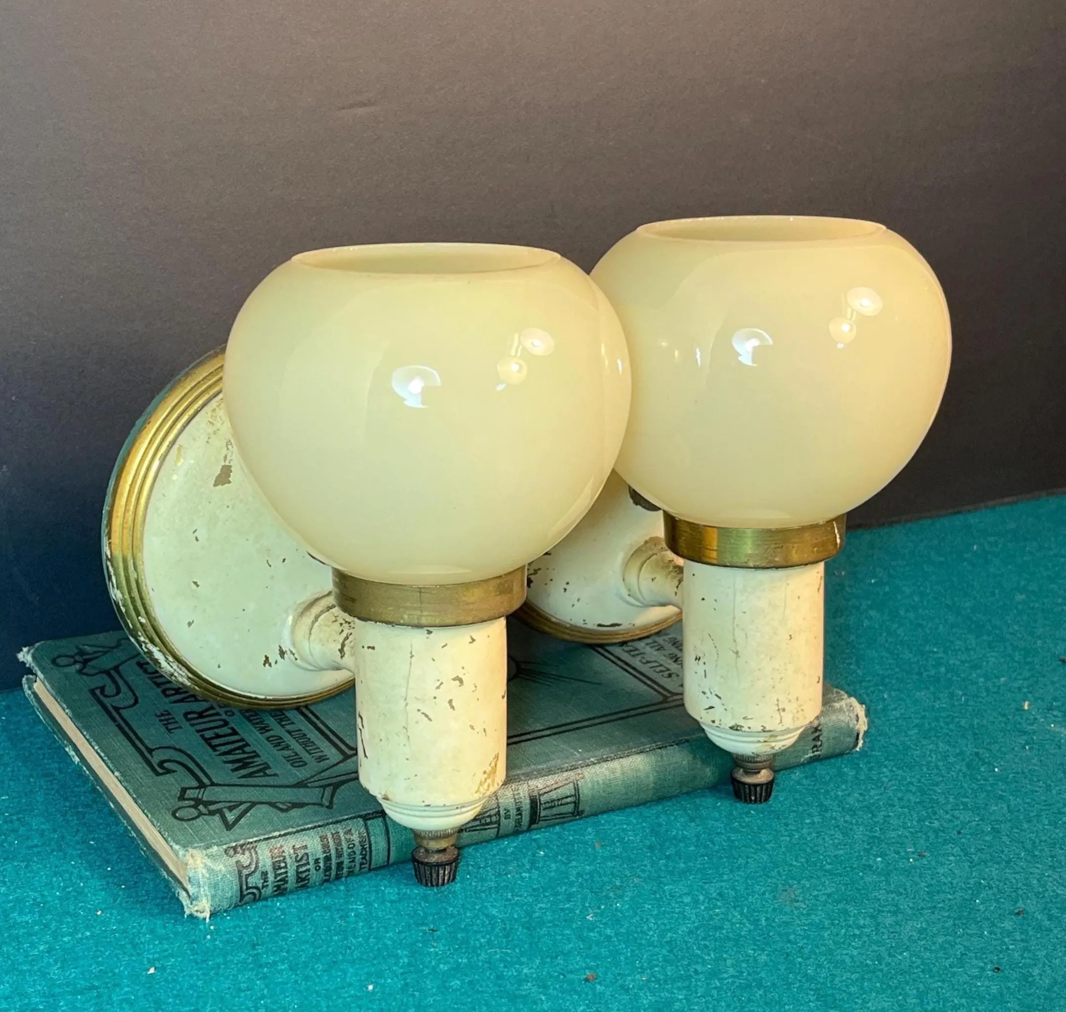 Pair (2) 1930's Art Deco Brass Electric Wall Sconces W/ Round Glass Shades