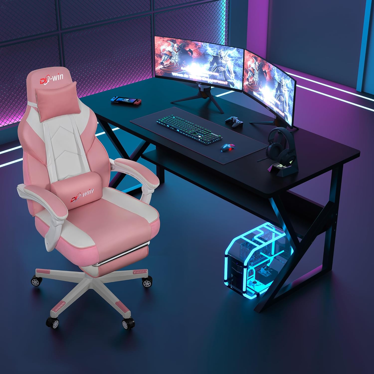 DL-win Video Gaming Chairs for Adults, Gamer Chair with Footrest, High Back, Big and Tall Gamer Chair‘s with Massage Lumbar Support, 360° Swivel Height Adjustable Computer Chaires, Pink