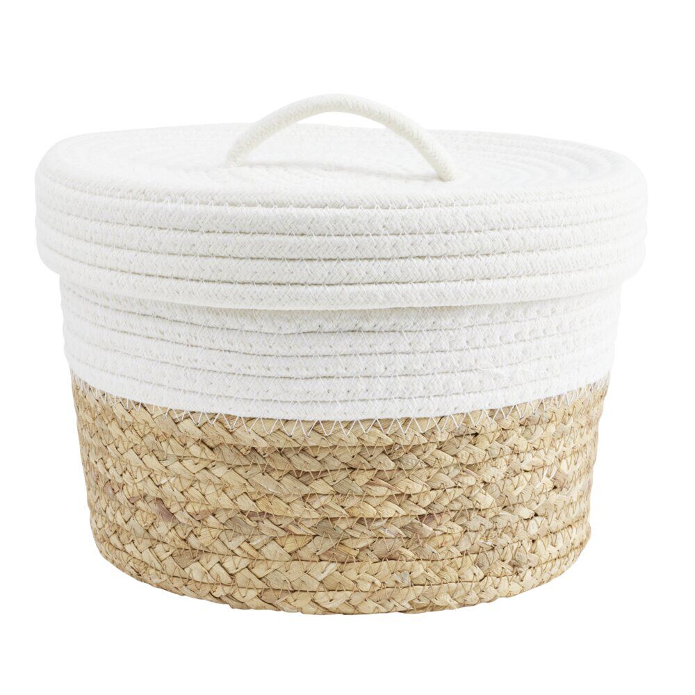 Panière avec couvercle coton jute blanc et naturel grand modèle Ø27xH18cm