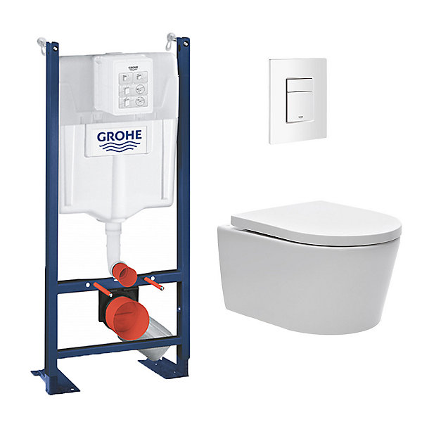 Grohe Pack WC Bâti autoportant avec Cuvette Swiss Aqua Technologies sans bride   Plaque blanche (ProjectSATrimless-4)