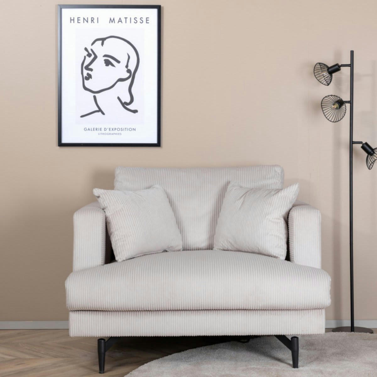 MANU - Fauteuil minimaliste beige en velours côtelé