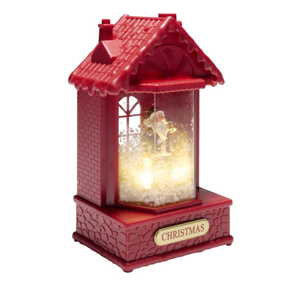 Boule à neige lumineuse scène maison de No&euml;l rouge avec Père No&euml;l 10x5x9xH19cm