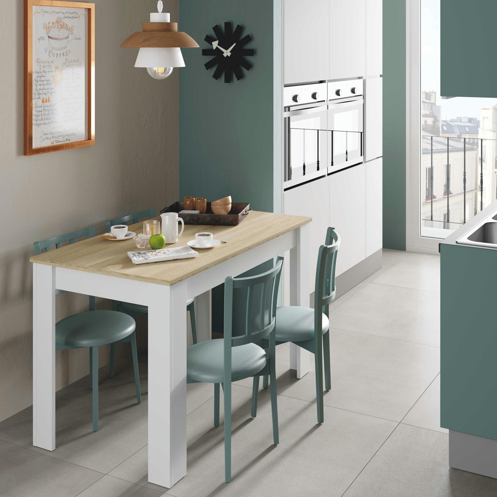 SILO - Table fixe couleur chêne et blanc, Table de cuisine, longueur 109 cm