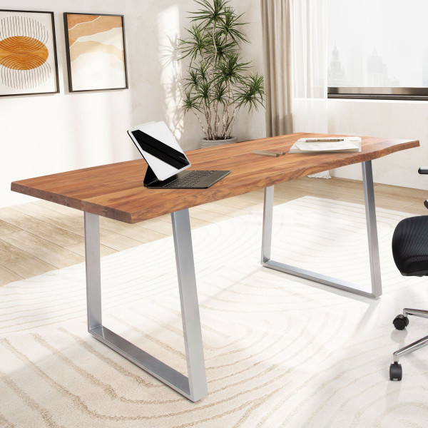 Biurko z Drewna Akacjowego 140 cm Metalowe Nogami Stół Home Office
