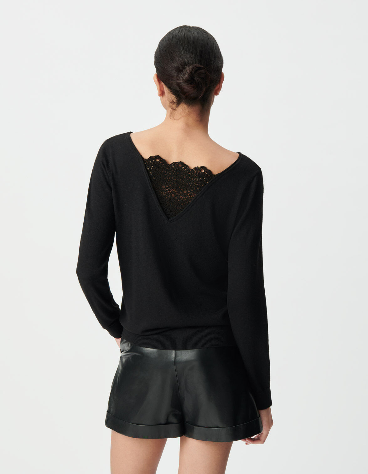 Pull noir tricot fin découpe dentelle dos Femme