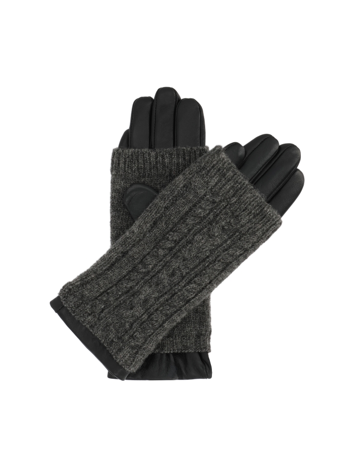 Leather gloves with sweater overlays with a checkered weave