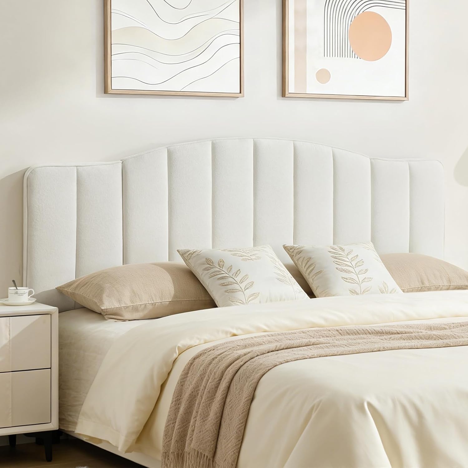 King Size Headboard Only, Upgraded One-Piece Bed Headboards Adjustable Height&Width Upholstered California King Headboard, Modern Vertical Channel Design Lush Velvet Head Board, White