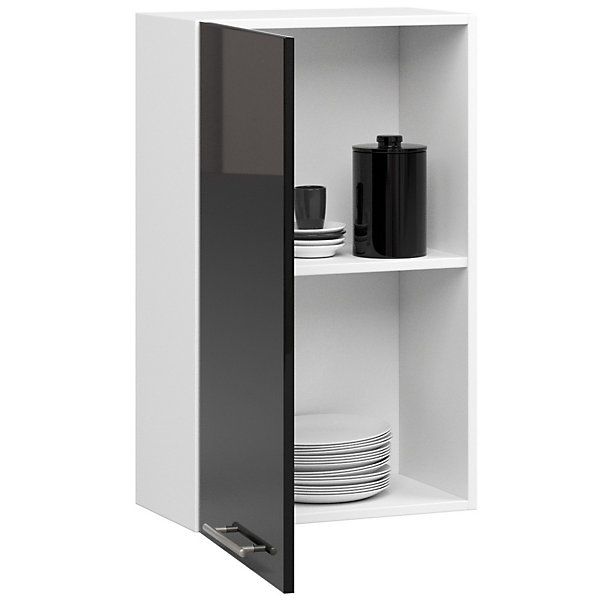 Meuble de cuisine suspendue : 1 porte, 2 étagères, blanc / noir brillant, 50 x 72 x 30 cm