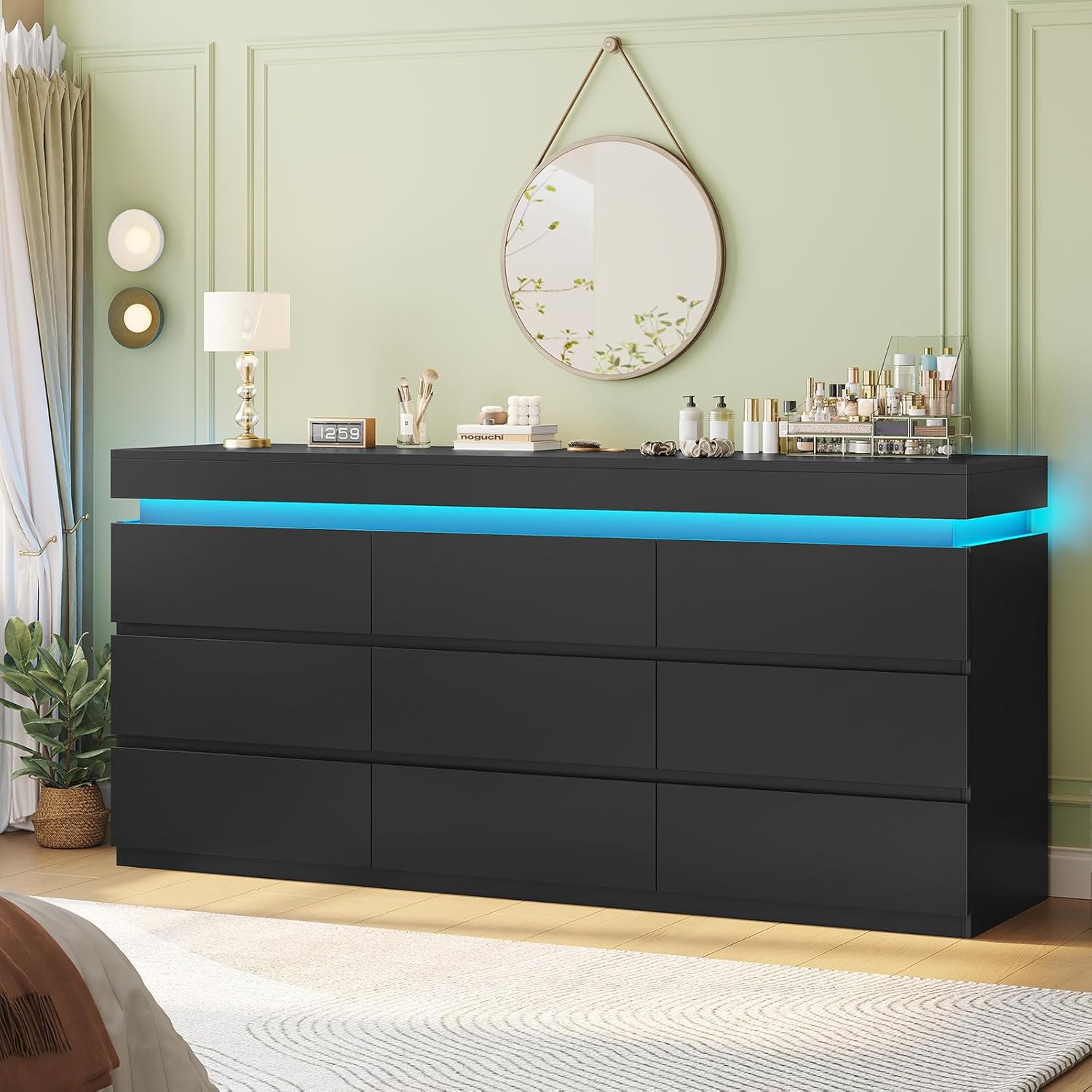 9 Drawer Dresser with LED Light, Black Modern Chest of Drawers for Bedroom,Long Dresser with Drawers for Living Room, Entryway, Hallway