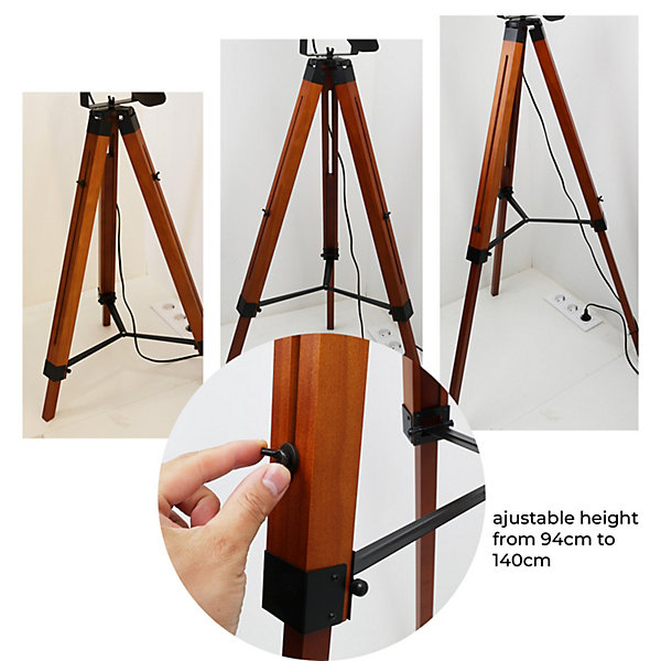 Lampe sur trépied cinéma en bois naturel tête orientable et hauteur réglable style vintage E27 pour salon et chambre