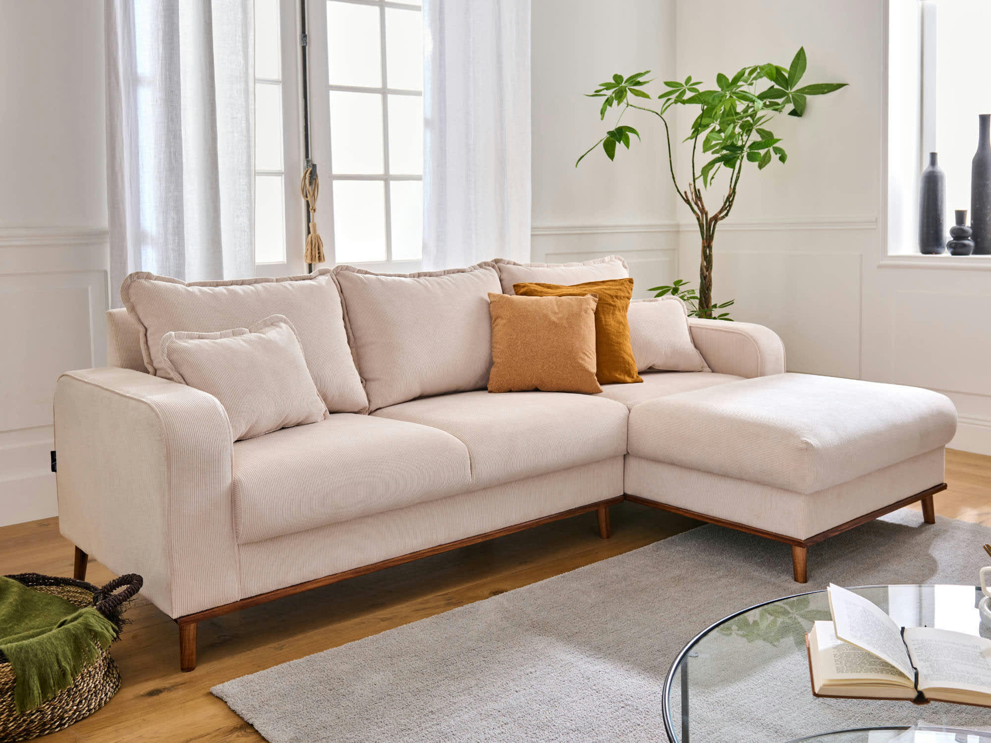 BILLIE - Canapé d'angle droit 4 places en velours côtelé beige