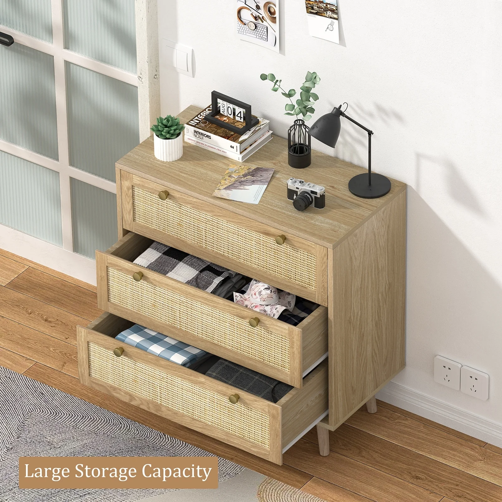 3-Drawer Rattan Dresser Modern Boho Chest of Drawers with Spacious Storage for Bedroom