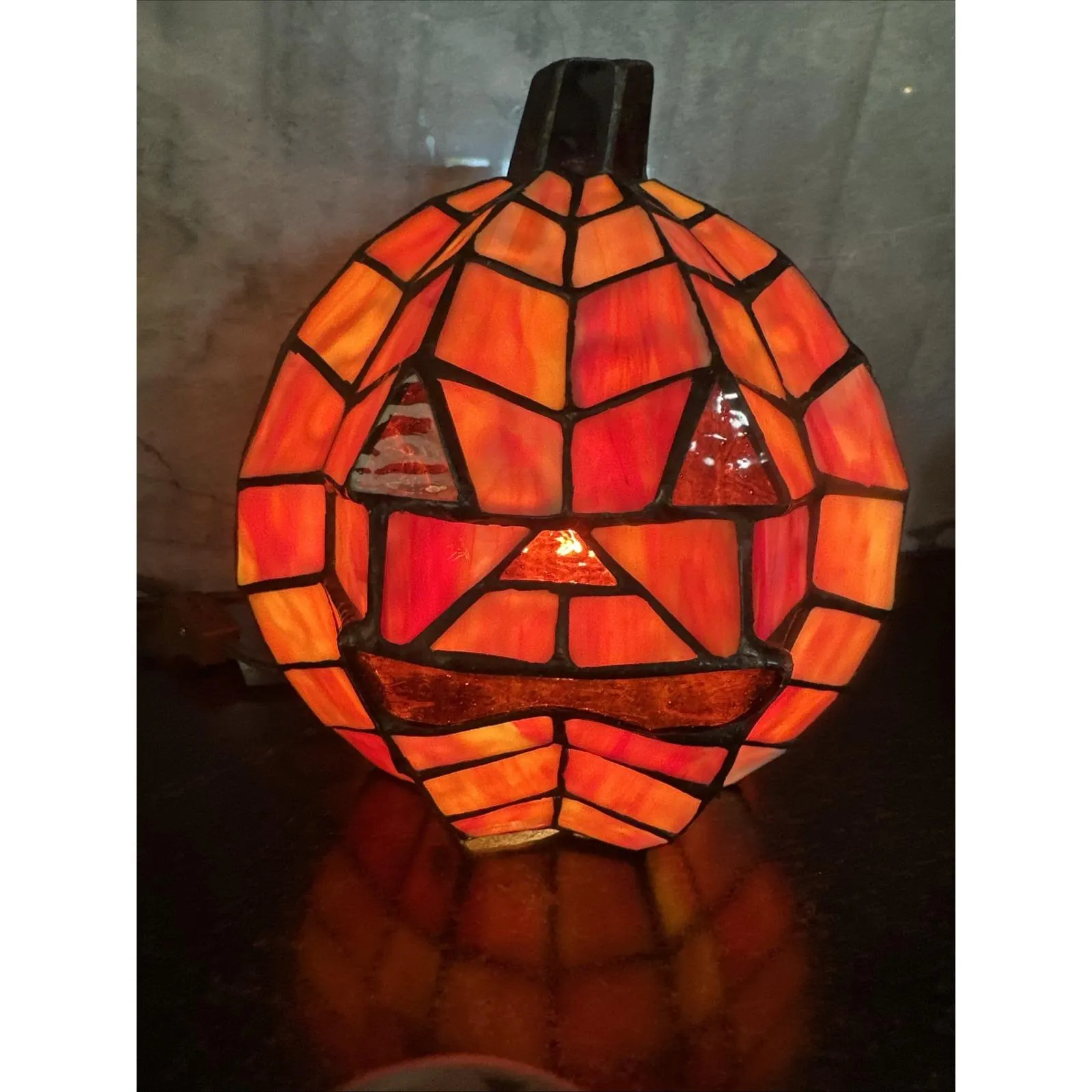 Vintage Ting Shen Tiffany Style Stained Glass Pumpkin Jack O Lantern Light Lamp