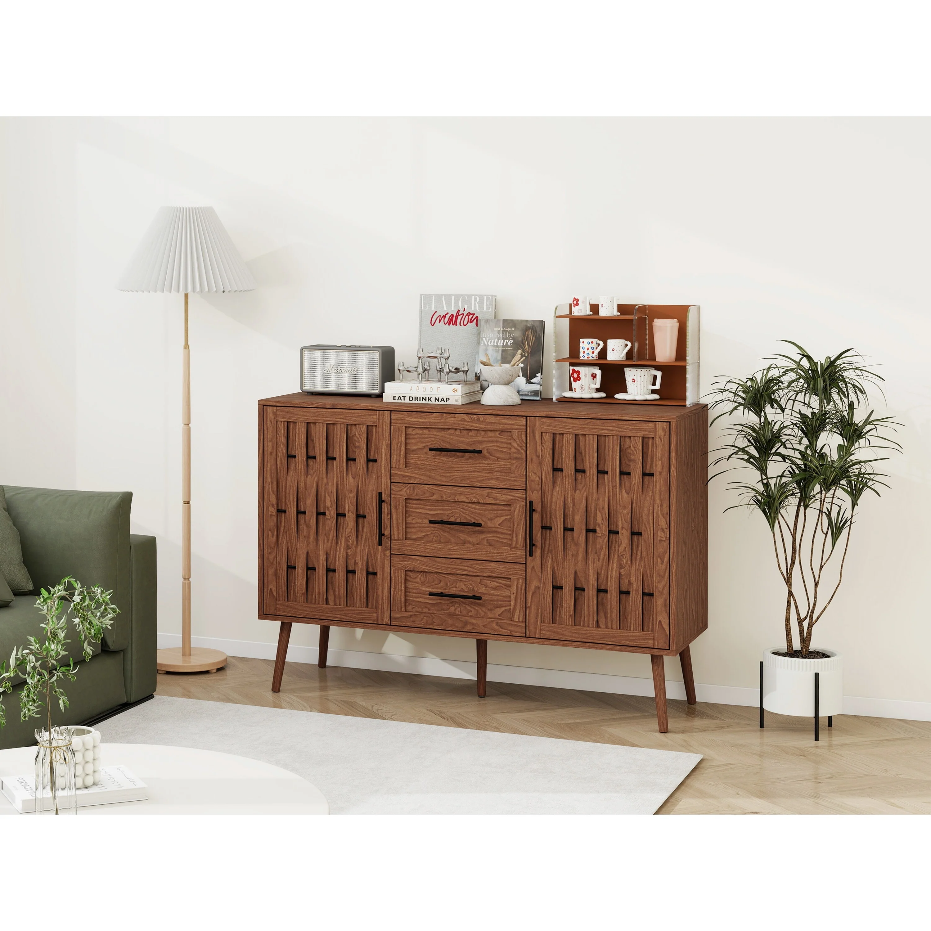 47.24 Horizontal Dresser with 3 Drawer and 2 Door, Accent Storage Cabinet with Golden Leg for Living Room, Bedroom, Dining Room