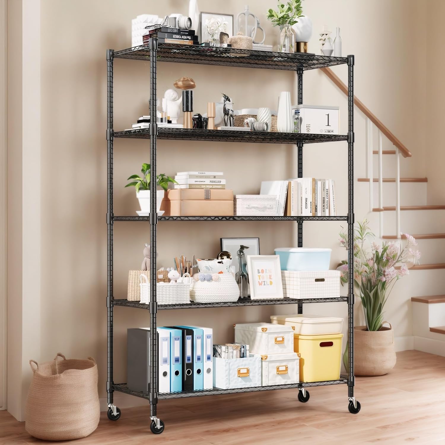 Himimi Storage Shelves 60W Wire Shelving with Wheels 3250LBS Heavy Duty Metal Shelves for Storage, 5-Tier Adjustable Wire Rack Shelving Garage Shelving Kitchen Storage Shelves 24Dx60Wx82H, Black