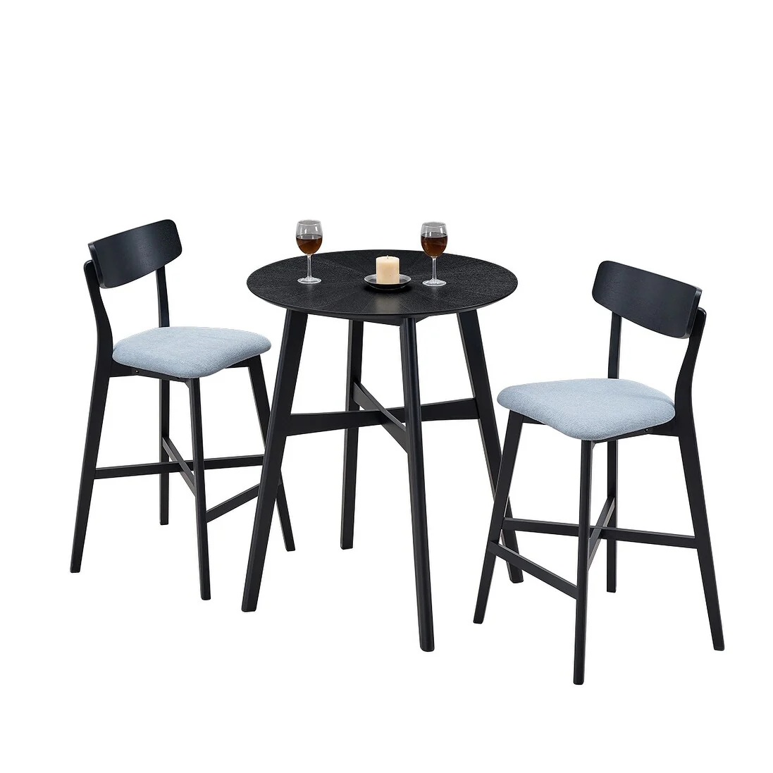 3 Pieces Bar Table Set,Modern Round Counter Height Pub Table, Wooden High Top with Bar Stools Pub Dining Set