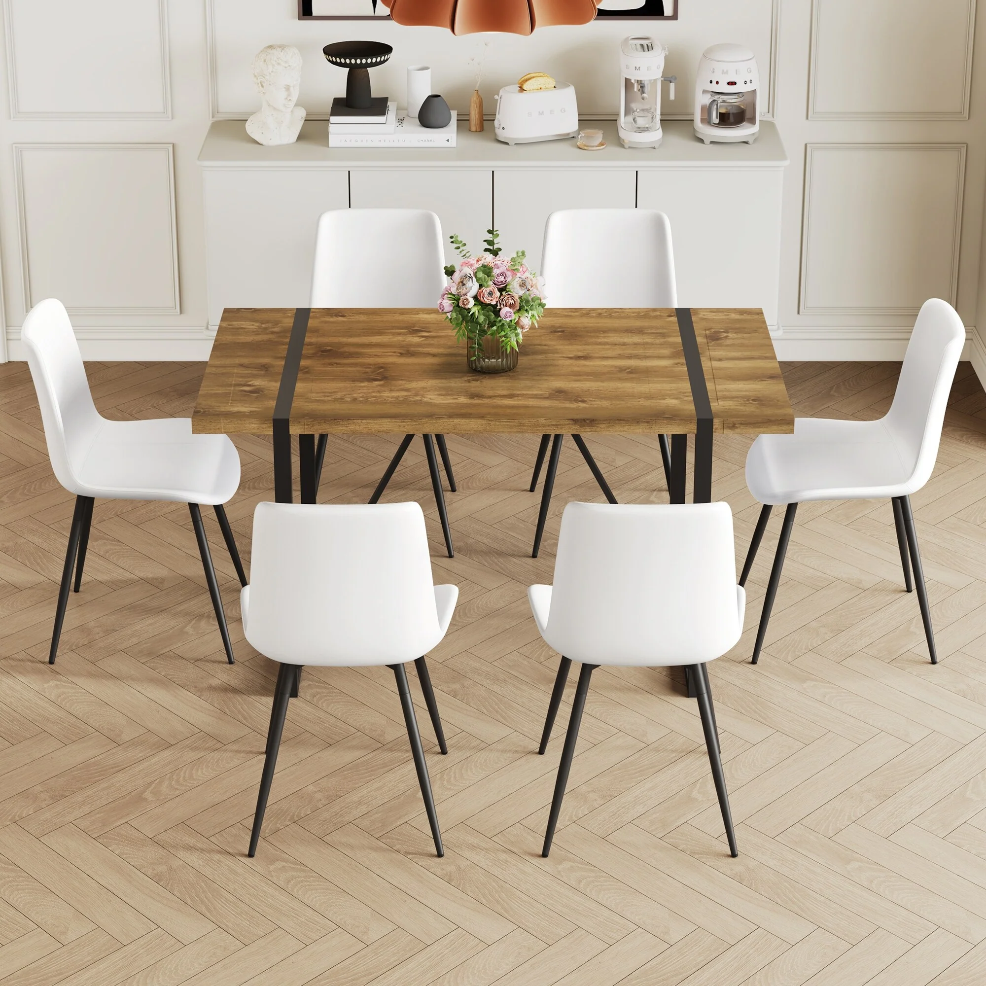 Wood Dining Table Set for 6, 7 Piece Rectangular Dining Table Set with 6 White Faux Leather Dining Chairs for Kitchen