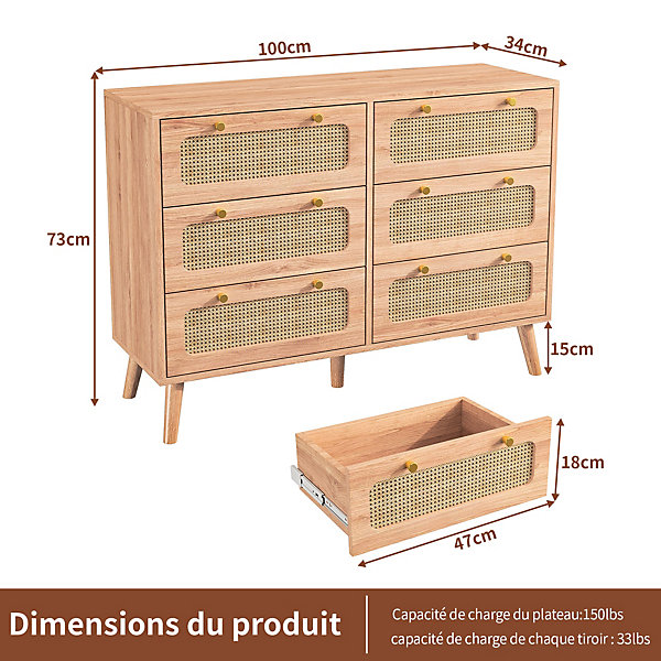Commode moderne bois et rotin 6 tiroirs, meuble de rangement multifonction pour chambre salon couloir, design élégant et compact