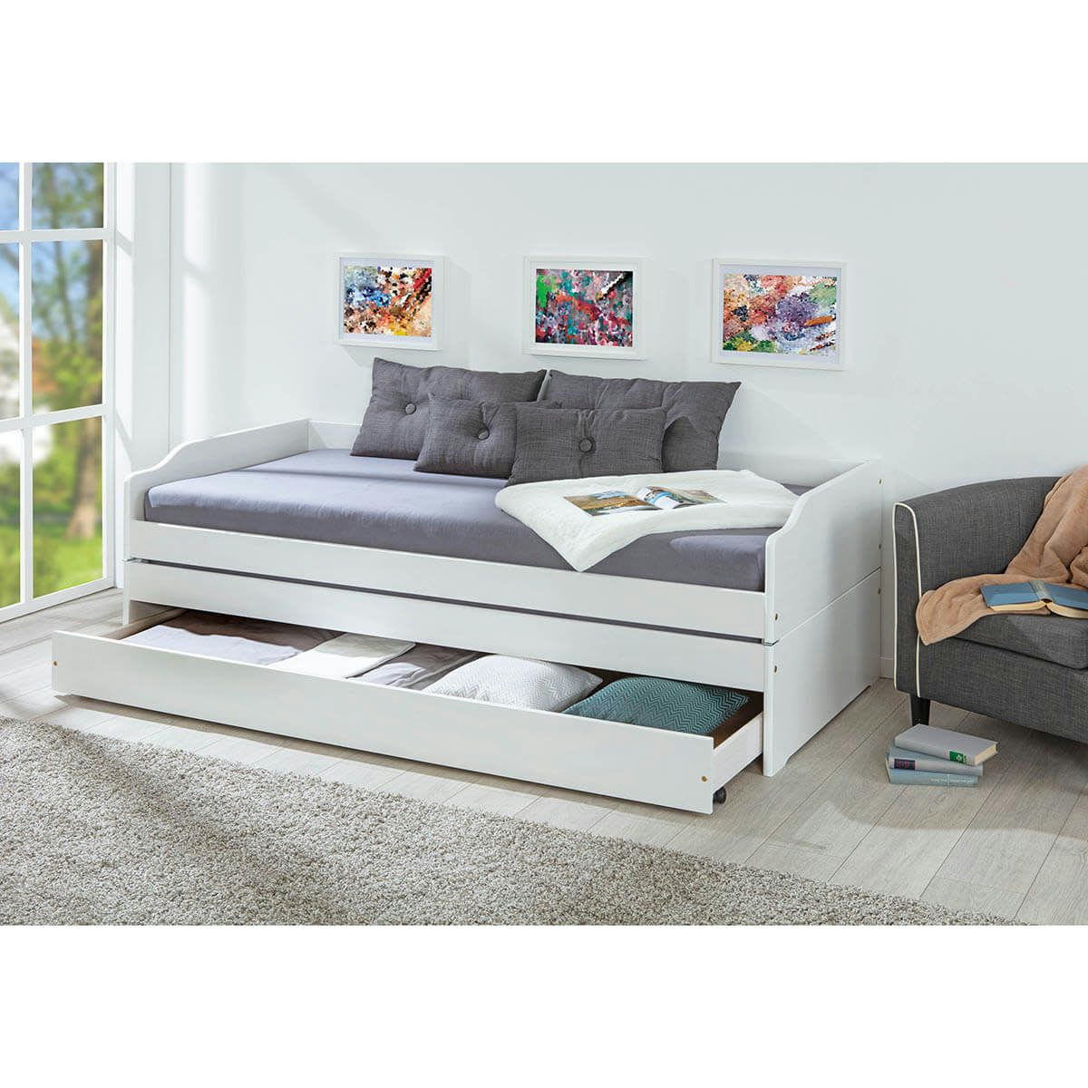 BARBARA - Lit  gigogne 3 couchages 90x200cm bois massif vernis blanc