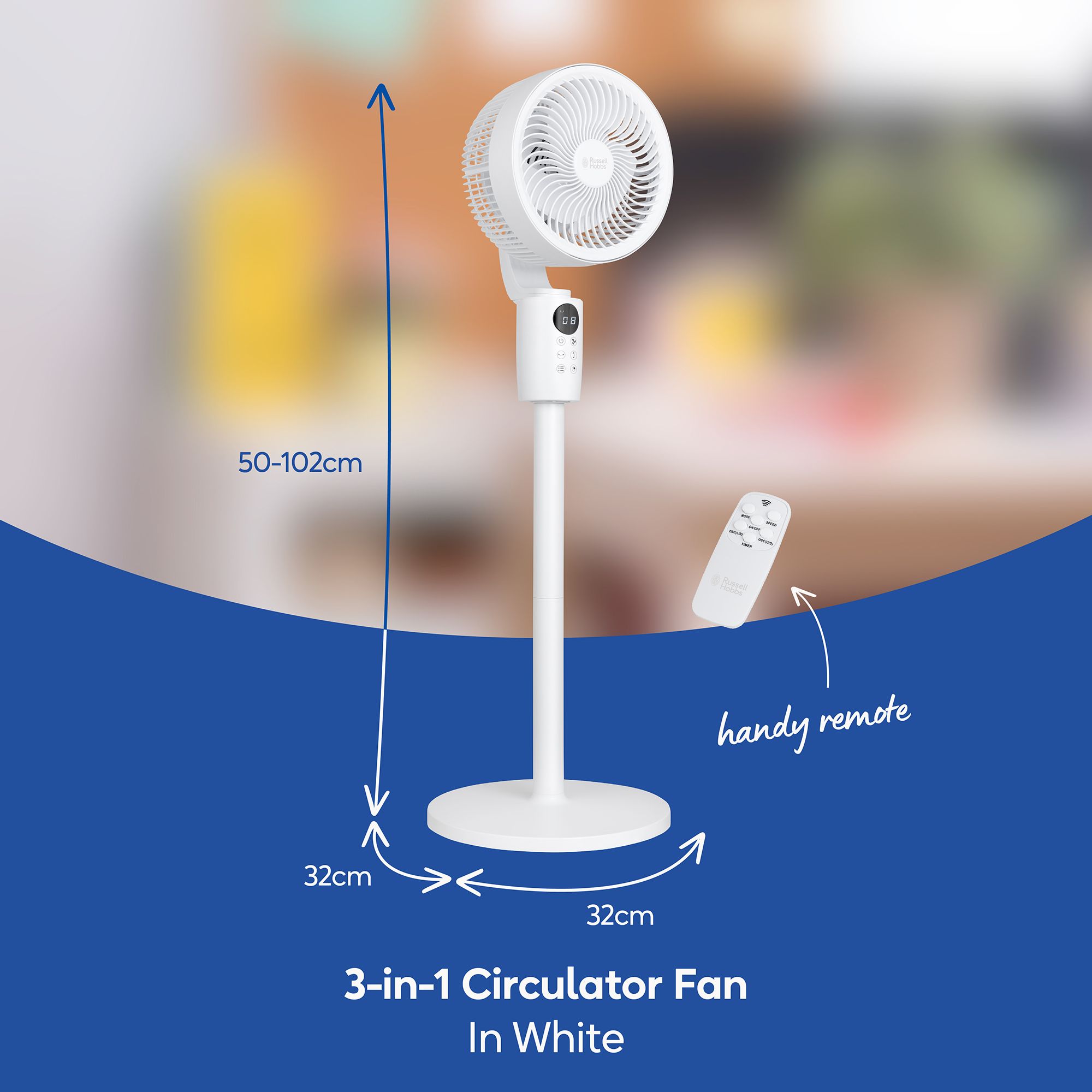 Russell Hobbs 3 in 1 Fan with LED Display Remote Control RHPCF1001