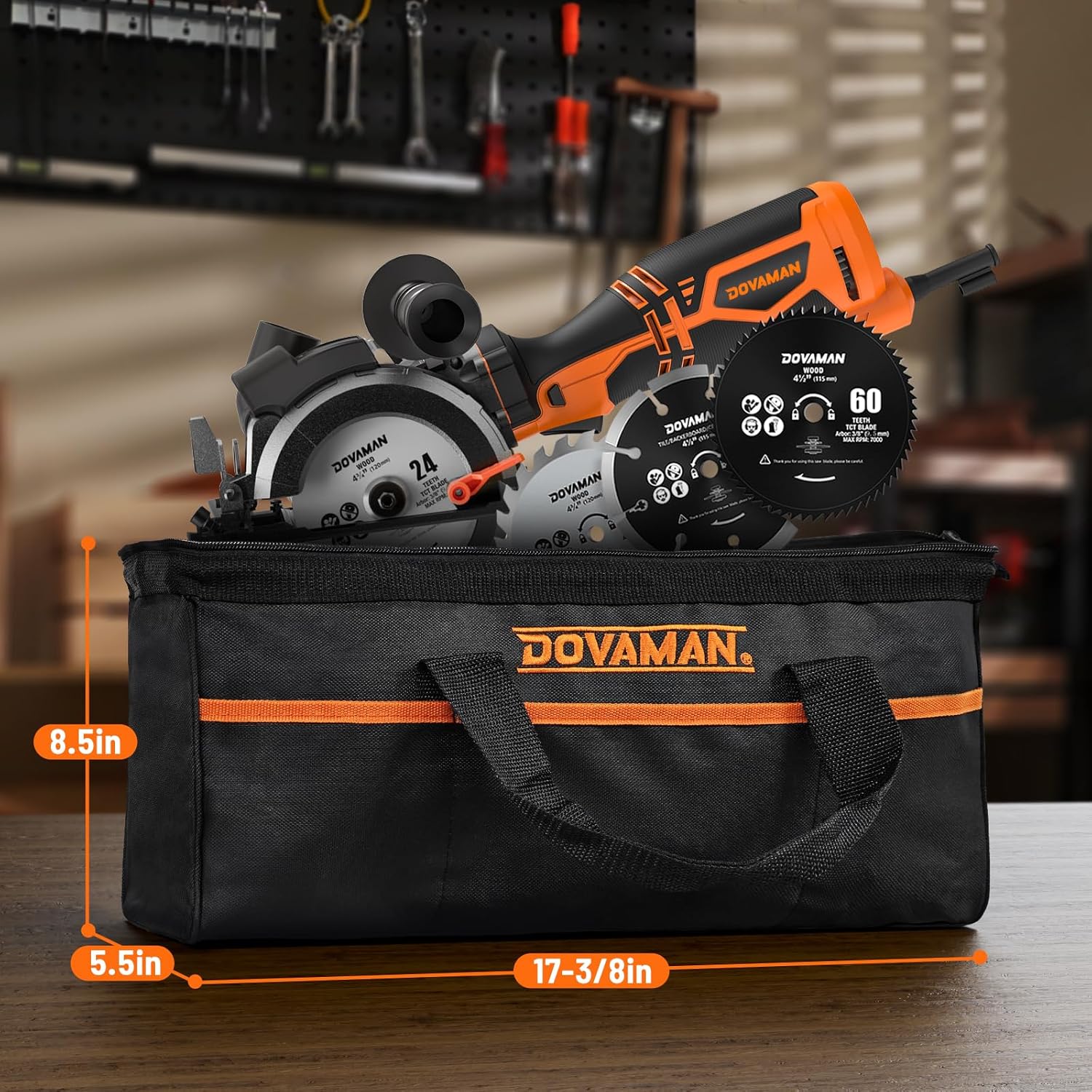 DOVAMAN Circular Saw, 5.8A 4-1/2 Circular Saw w/Laser, Metal Auxiliary Handle, 6 Blades (4½, 4¾), Cutting Depth 1-11/16 (90°), 1-3/8 (45°), Ideal for Wood, Soft Metal, Plastic, Tile - MCS01A