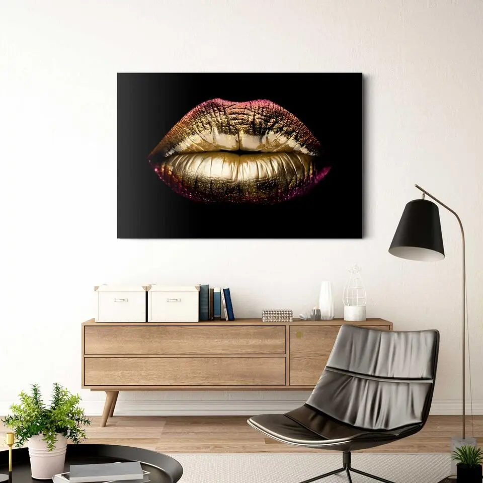 Glasschilderij Perfect Lips - 78 x 116 - Goudkleurig