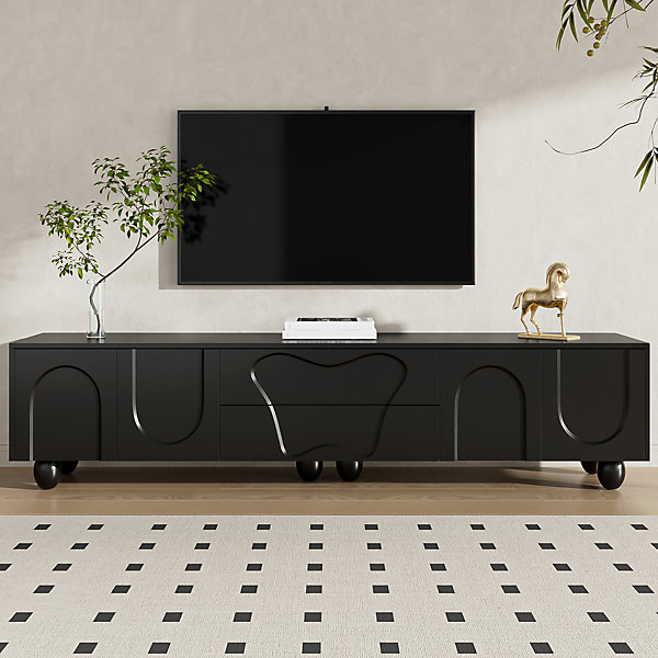 Meuble TV 180 cm avec Tiroirs et Portes, Banc TV Moderne avec Grand Rangement et Pieds Bois, PB Effet Bois - 180x40x42 cm, Blanc