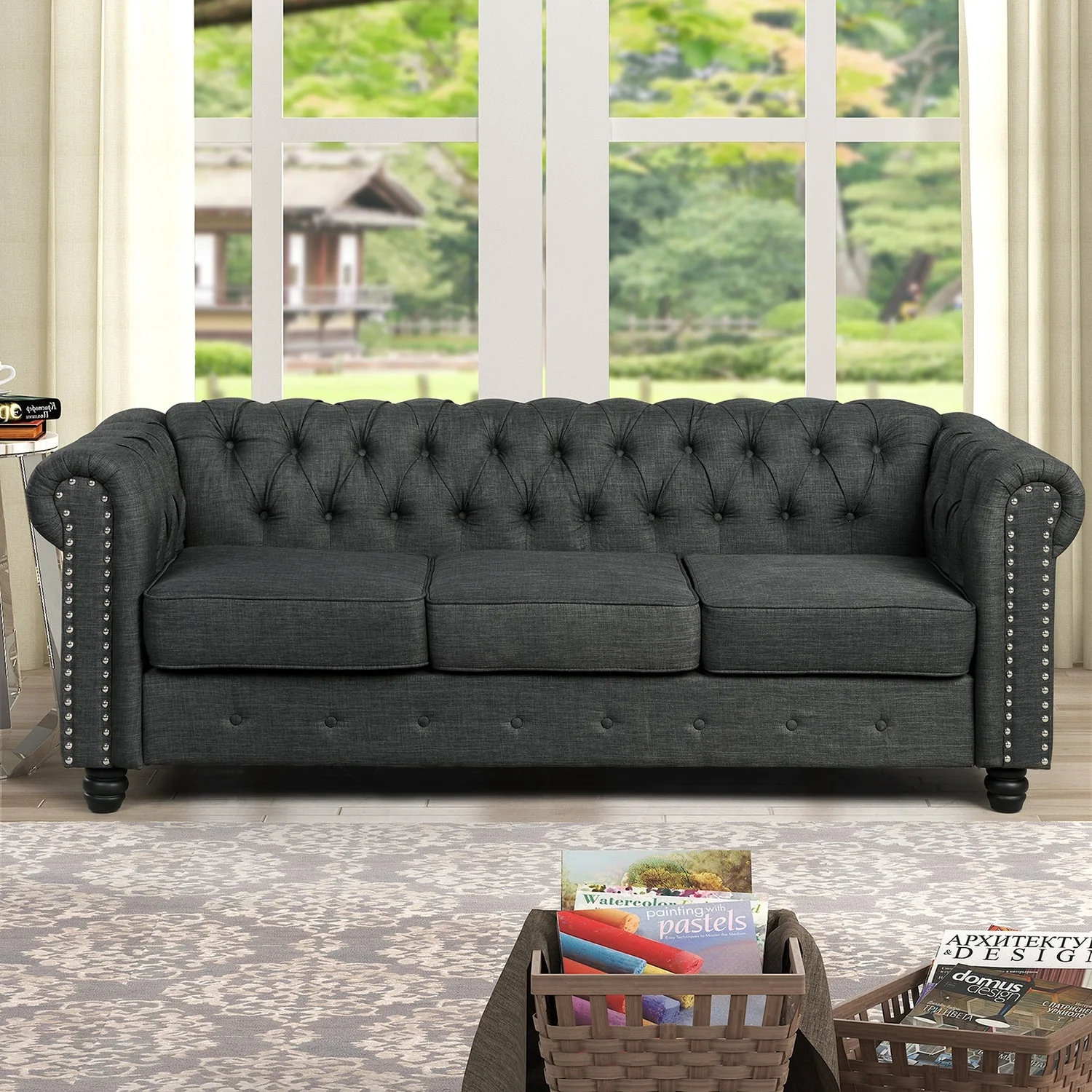 Morden Fort Linen Chesterfield Sofa with Button Tufted, Nailhead and Solid Wood Legs for Living Room