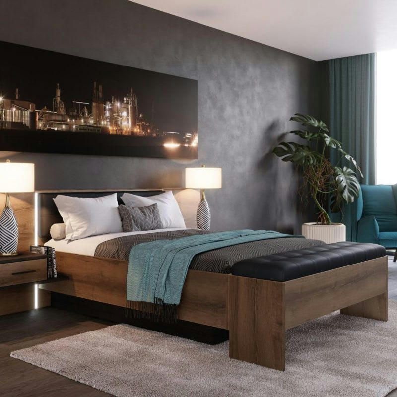 RIVIERA - Banc coffre l165 cm décor chêne foncé assise capitonnée noir