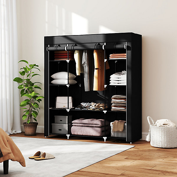 Armoire penderie toile - armoire tissu - 10 étagères, tringle - dim. 150 x 43 x 162,5 cm - noir