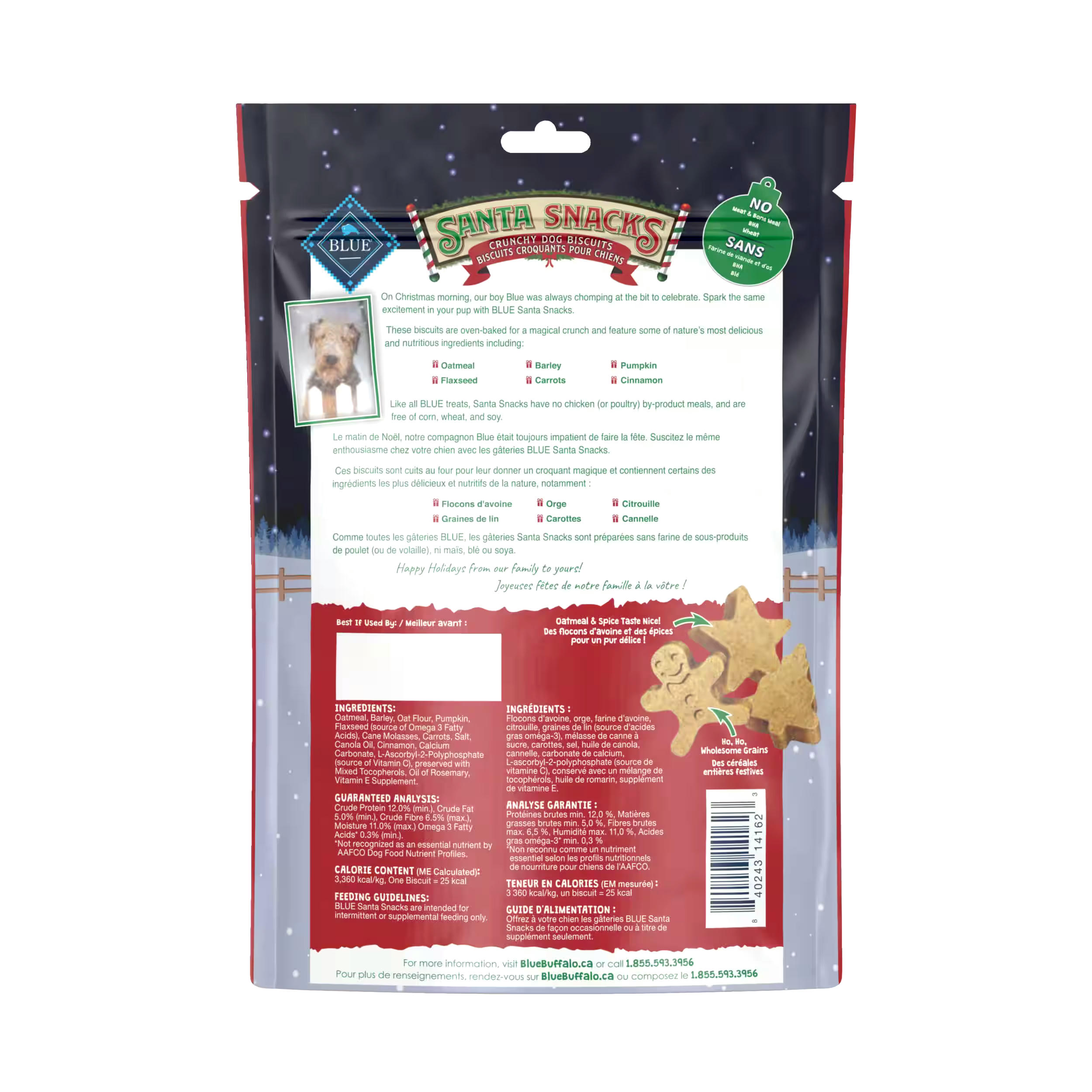 Blue Buffalo Santa Snacks Crunchy Dog Biscuits, Oatmeal & Cinnamon, 311-g