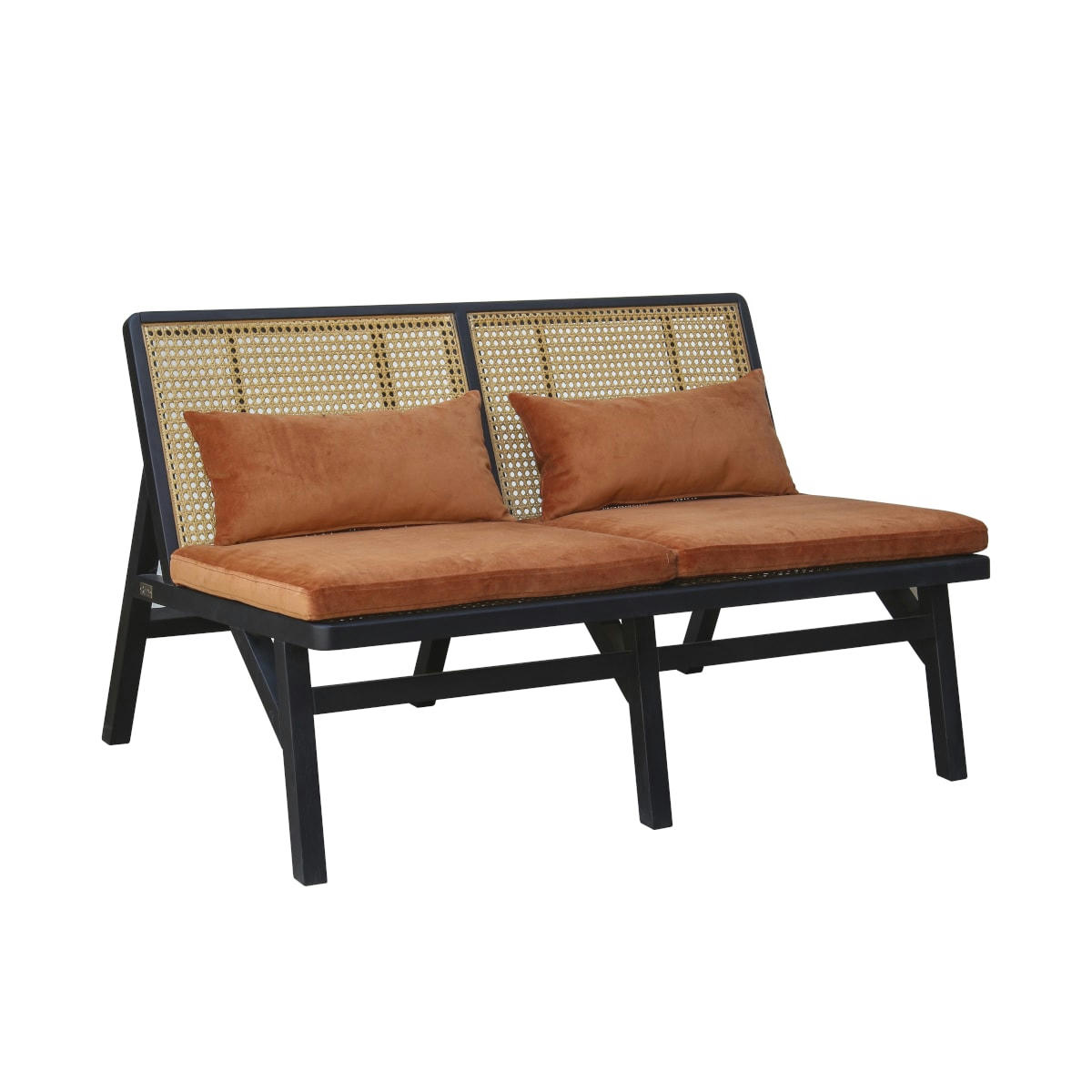 LALALA - Banquette chêne laqué noir cannage et velours 2 places caramel