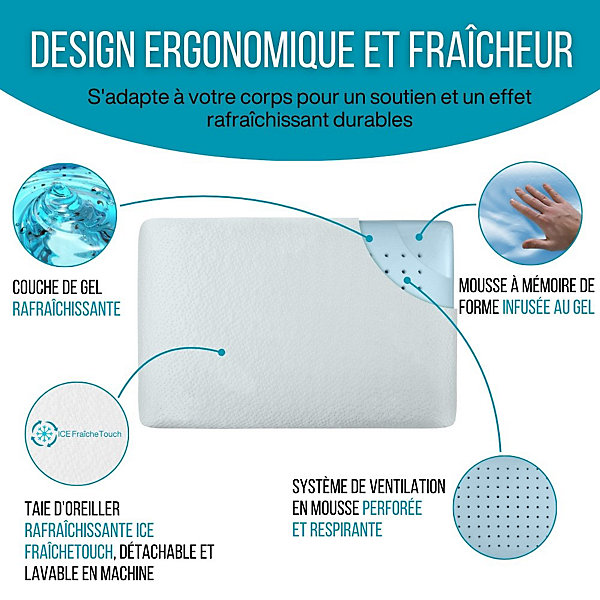 Oreiller infusé au gel rafraîchissant - 60x40 - ClimaConfort ICE