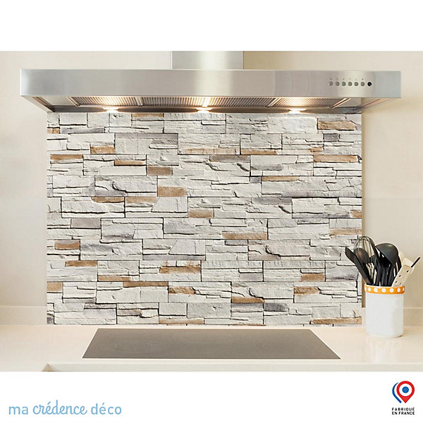 Crédence cuisine fond de hotte Mur pierre douce - Verre trempé - L 90 cm x H 50 cm - MaCrédenceDéco
