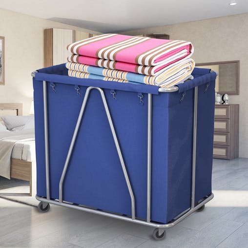 SOGA Stainless Steel Commercial Large Soiled Linen Laundry Trolley Cart with Wheels Blue