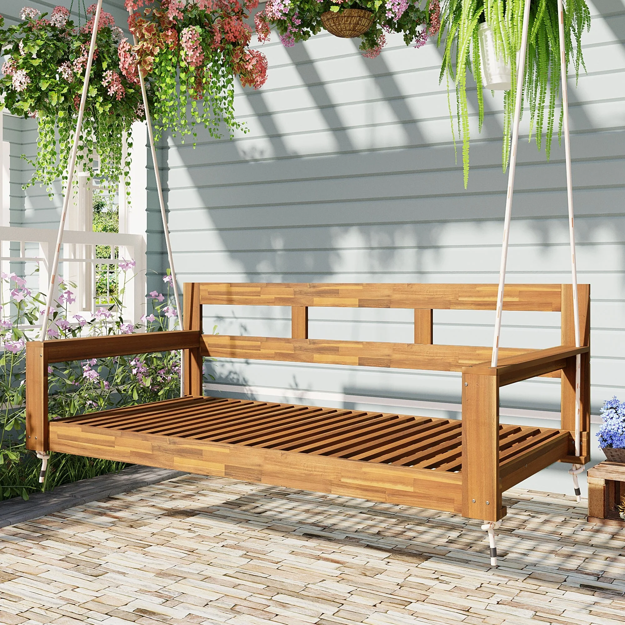 Patio Wooden Twin Size Porch Swing Daybed Frame, Garden Swing Bench Chair with 4 Hanging Ropes for Backyard