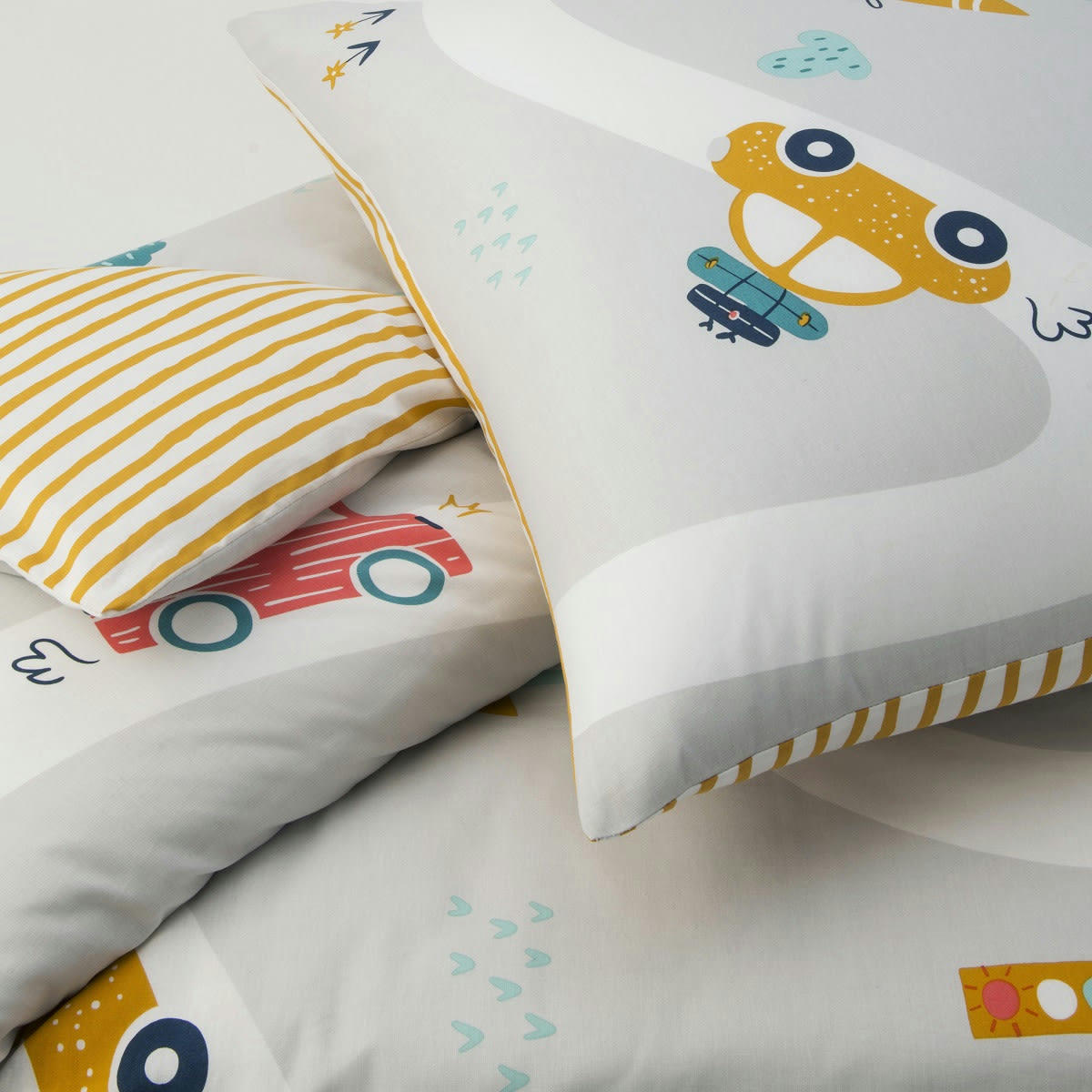 VEHICULES - Parure de lit enfant coton  imprimé gris et curry 140x200cm
